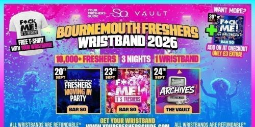 Bournemouth Freshers Wristband 2026 - Official Your Freshers Guide | Bournemouth Freshers 2026 - Free T-Shirt With Every Ticket \ud83d\udc55
